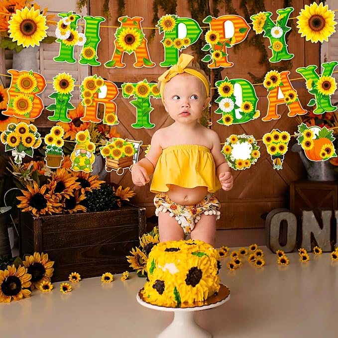 Zwiebeco Green Yellow Orange Sunflower Happy Birthday Party Decoration Banner Bunting Garland Hanging Paper for Boys Girls Kids Women Spring Summer Sunflower Flowers Themed Party Accessories Supplies