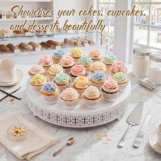 Wenqik White Cake Stand 20 Inch Metal Round Cupcake Dessert Stand with Cake Cutting, Spatula Cookies Cupcake Pastry Display Candy Holder Fruit Serving Tray for Wedding Birthday Party