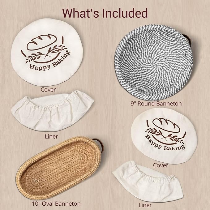 Banneton Bread Proofing Basket Sourdough Basket Cotton Rope Bread Baskets | Howasai Sourdough Proofing Basket, 9''Round & 10''Oval Banneton Baskets With Liners & Covers, Cotton Rope Bread Baskets
