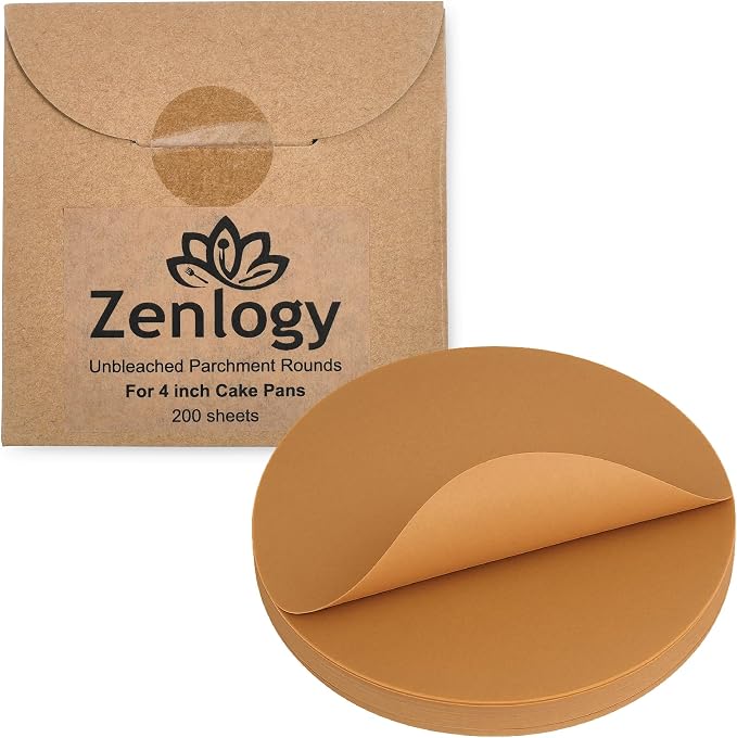 Zenlogy 4 Inch Small Parchment Paper Rounds (200 Sheets) - Unbleached, Pre-cut, High Heat, Round Liners - Fits 4 inch Small Round Pans or Great for Lining, Freezing and Storing, and Separating