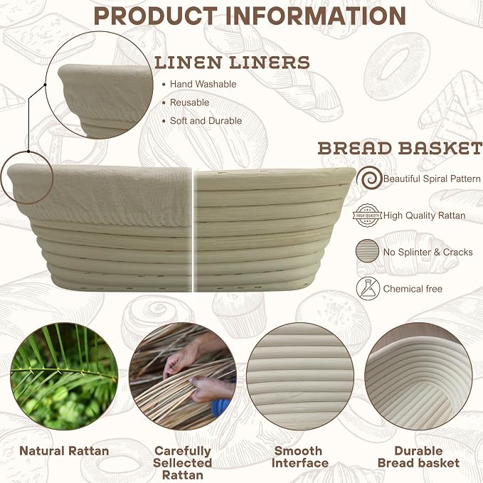 [Upgraded] Banneton Bread Proofing Basket 2 pack 10" Oval With Liner, Natural Rattan Bread Basket Perfect for Professional & Home Sourdough Bread Baking, Artisan Sourdough Bread. (Set 2 pack 10" Oval)