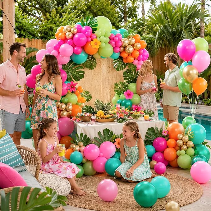 Tropical Luau Balloon Arch Garland Kit, Hot Light Pink Olive Green Orange Teal Metallic Gold Green Summer Hawaiian Balloons for Kids Summer Beach Aloha Pool Birthday Baby Shower Party Decorations
