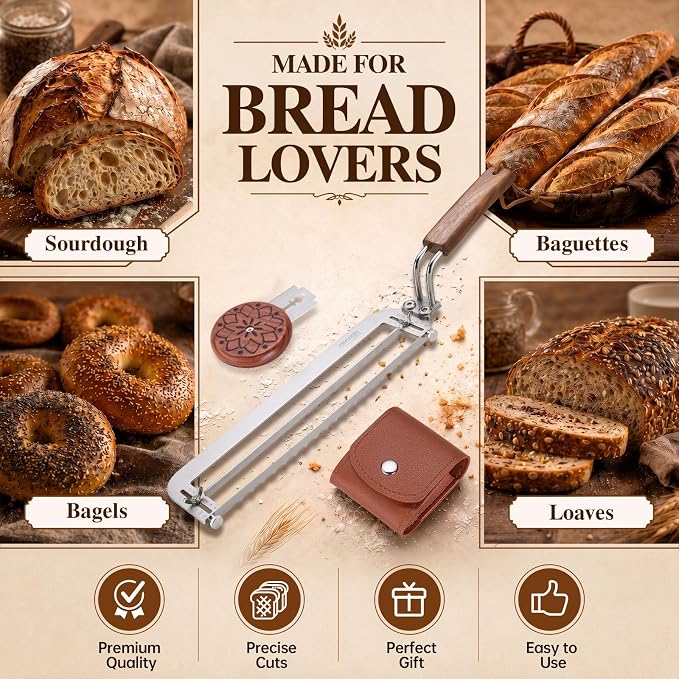 Adjustable Bread Bow Knife Sourdough Slice, 10.5 Inch Bread Cutter Set with Bread Lame, 5 Replacement Blades, Leather Pouch & Gift Box, Premium Bread Lover Gift for Bakers