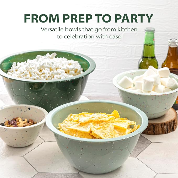 bzyoo Confetti Nesting Mixing Bowls Set - 4-Piece Colorful Kitchen Bowls (18oz, 1.25QT, 2.5QT, 4QT) - BPA-Free, Dishwasher Safe, Space-Saving Design Green Colors