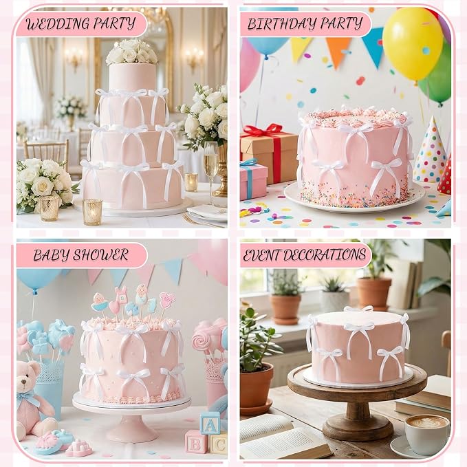 30 Pack Bow Cake Toppers White Ribbon Bows for Cake Bow Birthday Decorations for Bride to Be, Wedding, Baby Shower, Bachelorette, Summer Pool Party Decorations