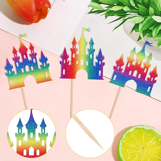 24 PCS Castle Cupcake Toppers Princess Cupcake Toppers Castle Theme Birthday Party Decoration Princess Party Supplies Princess Birthday Cake Decoration for Girls Princess Baby Shower Supplies Colorful