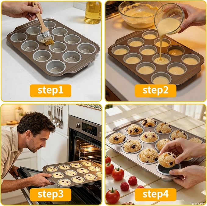 Silicone Muffin Baking Pan, 12 Cups, Grey | No Paper Liners Needed,Reinforced Metal Frame,Non-Stick Easy Release,Oven & Dishwasher Safe, BPA Free