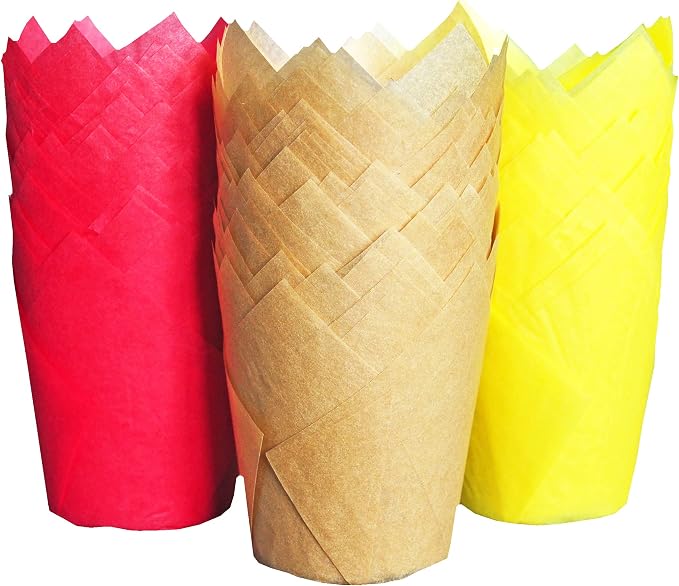 QLSmypkg Large Greaseproof paper Wrappers Muffin Baking cupcake cups liners, 2-1/4" x 4" Natural,Red,Yellow 3 colours in a box Tulip Baking Cups Holders 125 pcs (Large) (125, Multi Red,Yellow,Natural)