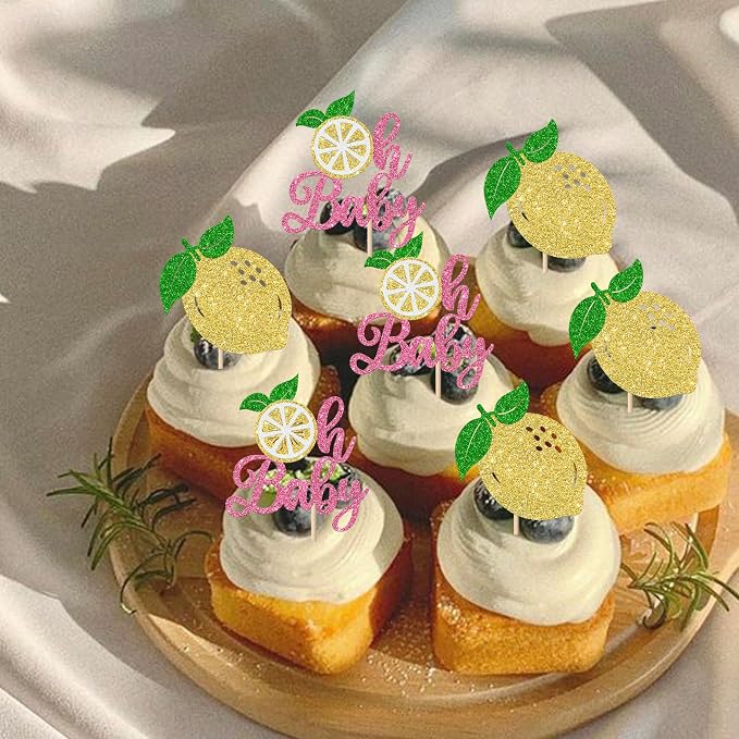 Rsstarxi 24 Pack Lemon Oh Baby Cupcake Toppers Lemonade Baby Shower Decorations Fruit Theme Lemonade Cupcake Picks for Lemon Birthday Party Cake Decorations Pink