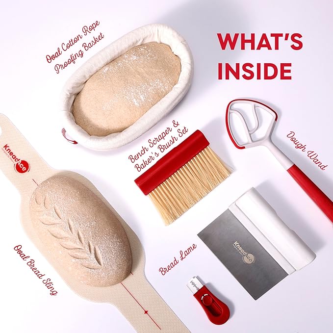 KneadAce Sourdough Kit, Sourdough essentials tools including oval proofing basket, oval bread sling, bread lame, bench scraper and baker's brush set and dough wand