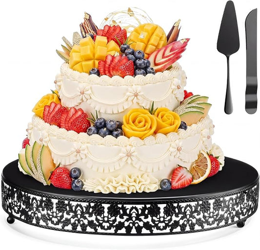 Wenqik 16 Inch Black Cake Stand Set Metal Round Cupcake Dessert Stand with Cake Cutting, Flower Spatula Wedding Cupcake Pastry Display Candy Holder Display for Wedding Party Birthday Baby Shower