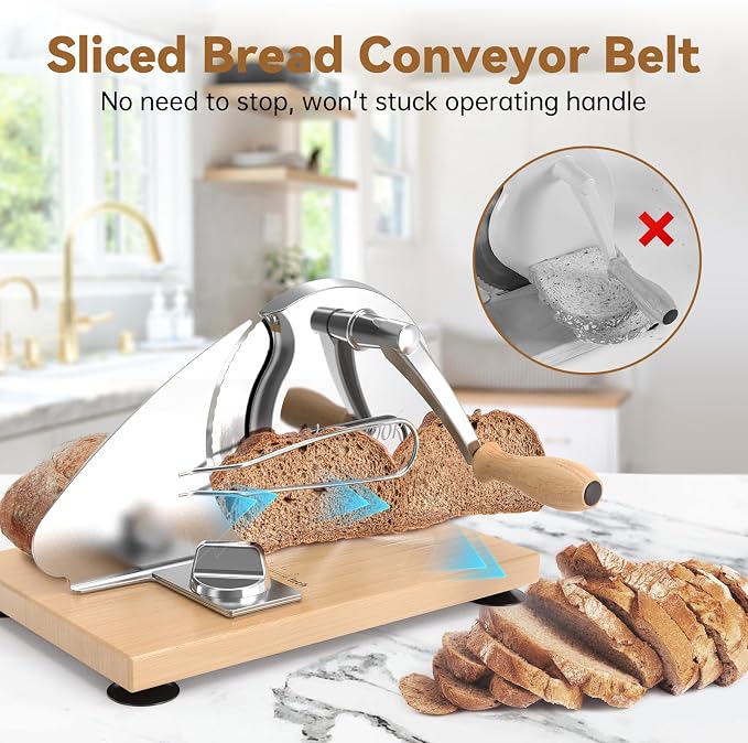 Upgrade Manual Bread Slicer for Homemade Sourdough Bread, Classic Hand Crank Home Bread Slicer With Scale Line and Steel Fence, Sharp Blade, Adjustable Width for Homemade & Commercial Use