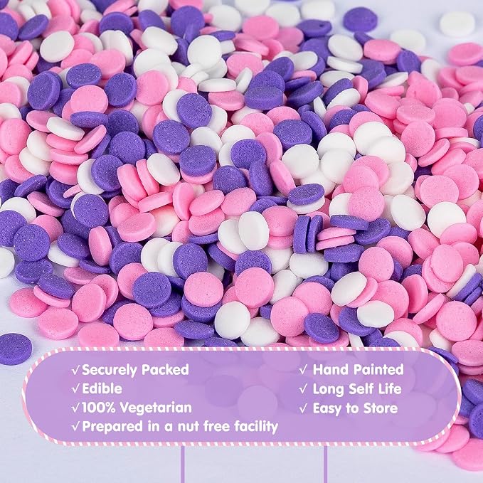 Edible Round Confetti Sprinkles for Cake Decorating,Pink Purple White Round Confetti Sprinkle,Pastel Sugar Sprinkle Circular Candy for Cake Baking,Cupcake Cookie Donut Desserts Decorations,Gender Reveal Baby Shower Birthday Party Supplies