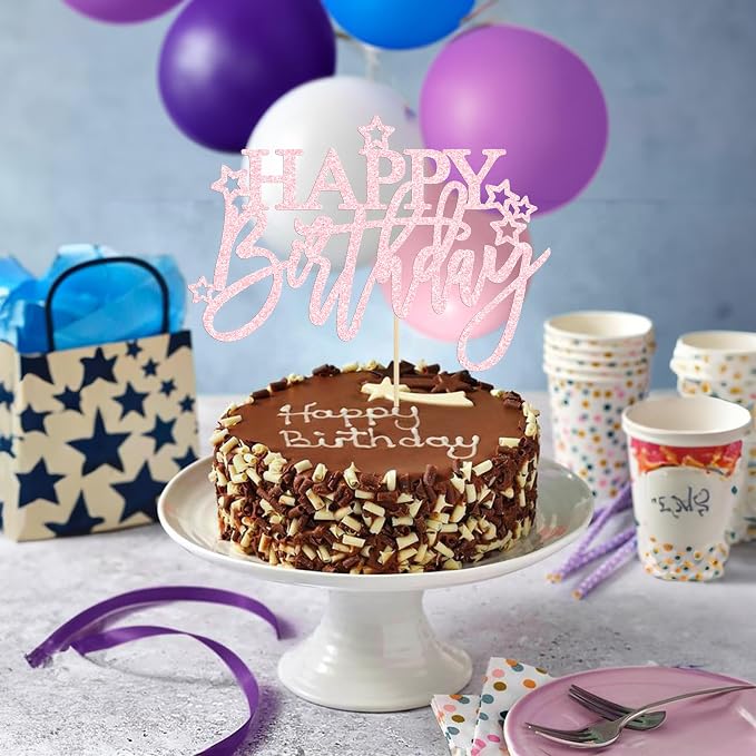 Gyufise 1Pcs Happy Birthday Cake Topper Glitter Happy Birthday Cake Pick for Celebrating Happy Birthday Anniversary Theme Party Cake Decorations Supplies Pale Pink