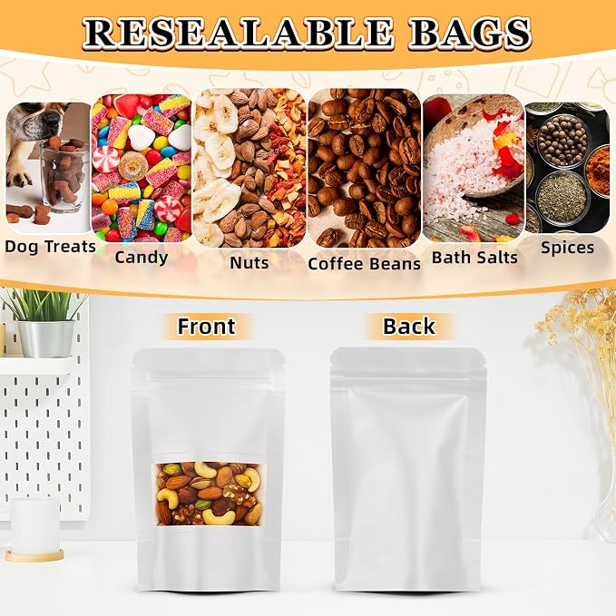 Smell Proof Bag, 100 Pack Sealed Bags for Small Business, Food Storage Bags with Window,Dog Treat Bag, Bakery Bags, Candy Packaging, Resealable Paper Stand Up Pouch