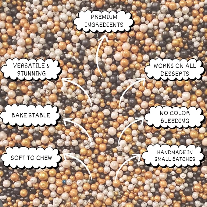 Confect Love Sprinkles – Gold, Black & White Pearl Edible Cake Balls | Disco Ball Cake Decorations for Baking & Desserts | Vegan, Gluten-Free, Nut-Free, Soy-Free, Dairy-Free, Palm Oil-Free- 4.2 Oz