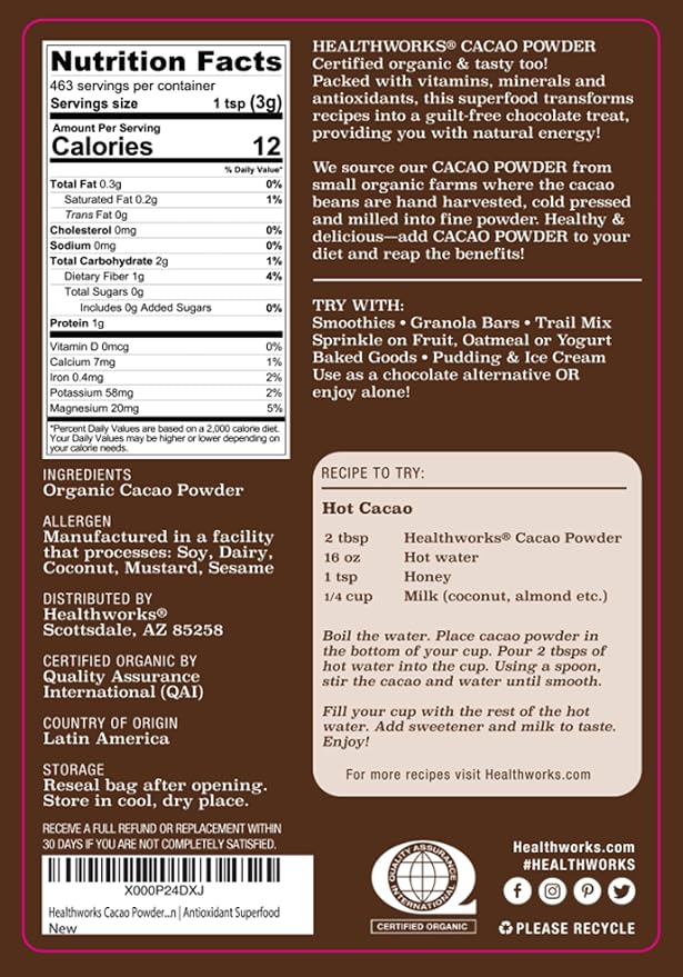 Healthworks Superfoods Organic Cacao Powder - 48 Oz / 3 Lbs - Cocoa Chocolate Substitute - Rich Chocolate Flavour - Sugar-Free, Keto, Vegan & Non-GMO - Peruvian Bean/Nut Origin - Antioxidant Superfood