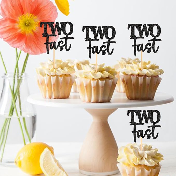 Ercadio 24 Pack Two Fast Cupcake Toppers Glitter Black Two Fast Cupcake Picks Racing Car Cake Topper Baby Shower Race Car 2nd Birthday Party Cake Decors Supplies