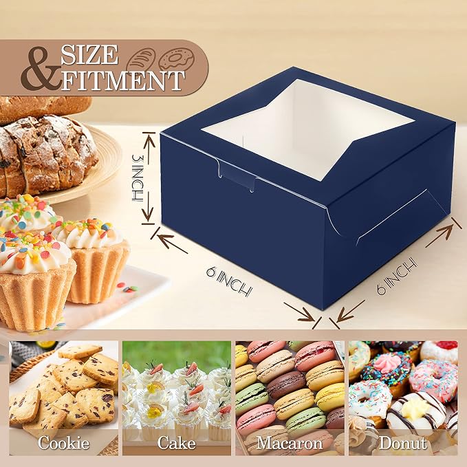 KPOSIYA 65PCS Bakery Boxes with Window 6x6x3 Inches 5 Style Cookie Boxes Small Pastry Boxes for Candy, Dessert, Pastry, Donuts, Birthday Party, Wedding(Blue)