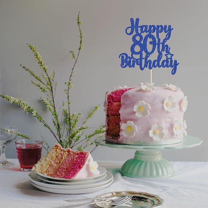 Gyufise 1Pc Happy 80th Birthday Cake Topper Glitter Cheers to 80 Years Old Birthday Cake Pick for Happy 80th Birthday Anniversary Party Cake Decorations Supplies Blue