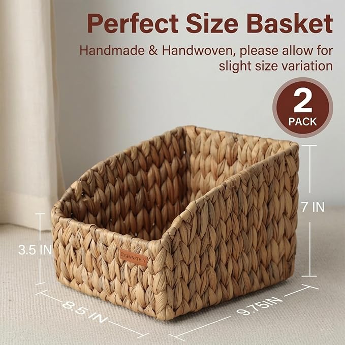 Water Hyacinth Wicker Baskets for Storage, Handwoven Rattan Shelf Basket with Open Front for Organizing Pantry Closet Wardrobe, 100% Natural Decorative Woven Organizer Bin for Cabinet, 2 Pack