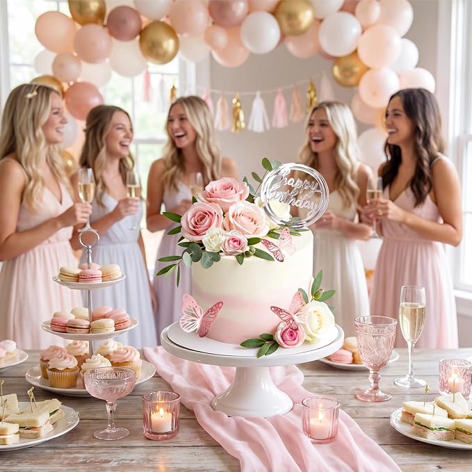 Flower Cake Toppers, Happy Birthday Rose Gold Cake Decorations with Artificial Flowers Butterfly Balls for Wedding Baby Shower Birthday Party Supplies (Pink)