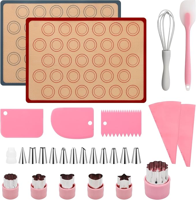 28Pcs Macaron Silicone Baking Mat Kit-2 Sheet Macaron Silicone Baking Mats 11.6"x16.5", 2 Piping Pastry Bag, 12Piping Tip, 1 Coupler, 3 Scraper, 1 Egg Beater, 6 Embossing-Molds Macaron Set