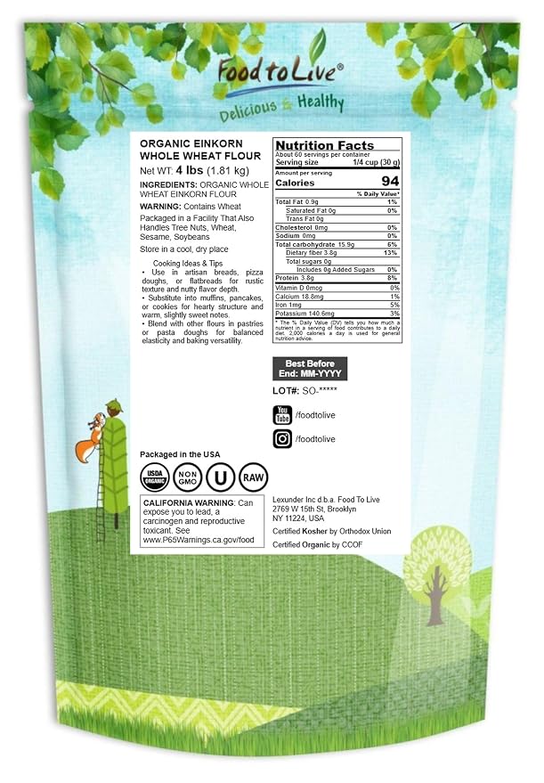 Food to Live Organic Einkorn Whole Wheat Flour, 4 Pounds – Finely Milled, Rich Fiber, Great for Baking Bread, Pizza, Pancakes, Muffins, USDA Certified, Non-GMO, Raw, Vegan, Kosher, Bulk