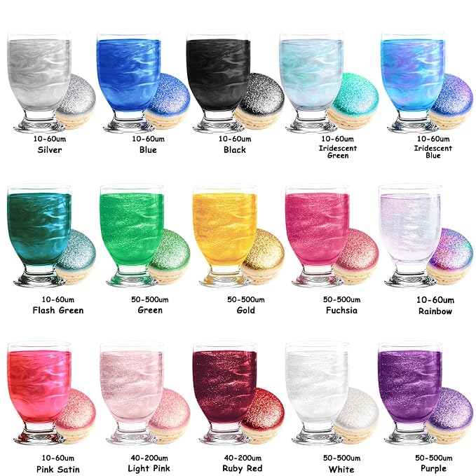 Edible Glitter - 15 Popular Colors Edible Glitter for Cocktails, Food Grade Luster Dust, Iridescent Shimmer Powder for Cake Decorations, Drinks, Baking, Dessert - 3 Particle Sizes - 5g/Bottle
