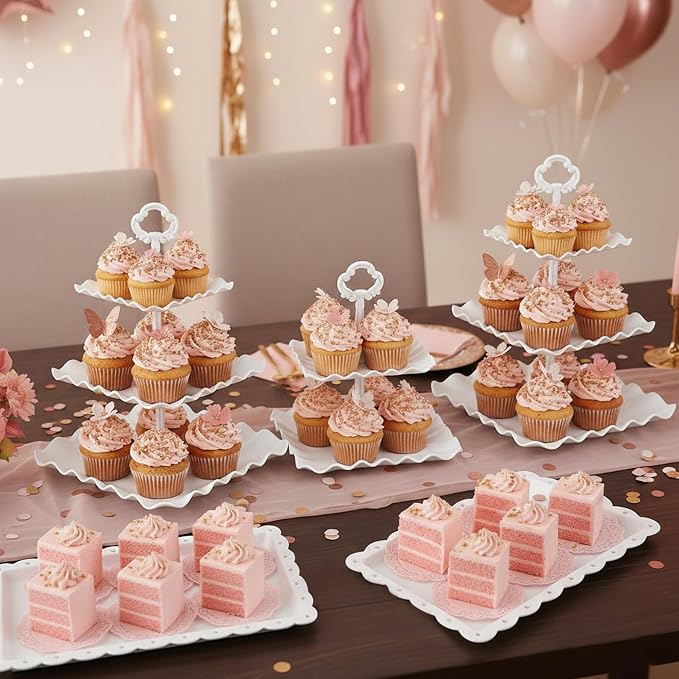 NWK 5 Piece Cake Stand Set with 2 x 3-Tier Cupcake Stands, 1 x2-Tier Cupcake Stands, 2 x Appetizer Trays, for Wedding Birthday Baby Shower Tea Party Decorations (5, White, Square)
