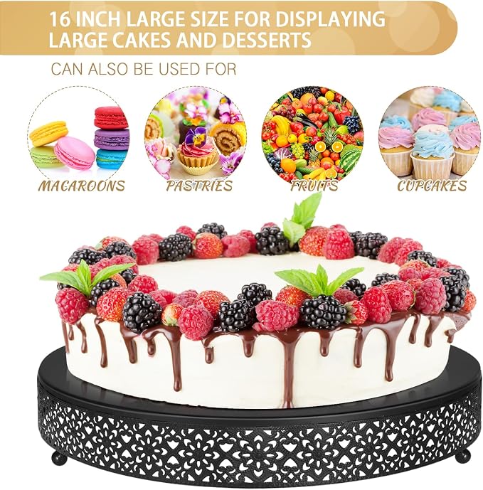 Wenqik Cake Stand 16 Inch Round Metal Cupcake Dessert Wedding Cake Stand Cookies Display Holder Fruit Serving Tray for Table Wedding Birthday Anniversary Party(Black)