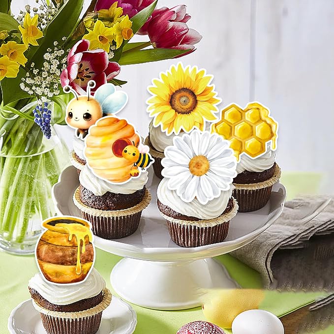 48 PCS Edible Bumble Bee Cupcake Toppers Wafer Paper Oh Babee Cake Decorations for Bee Theme Baby Shower Kids Boys Girls Birthday Cake Party Decoration