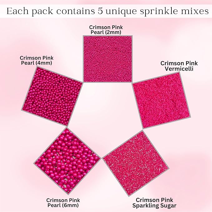 Confect Crimson Pearl Sprinkles | Assorted 5-Pack Pink Edible Sprinkles Mix with Dragees, Jimmies & Sparkling Sugar for Cake & Cupcake Decoration, Perfect for Birthdays & Parties | Vegan, Gluten-Free, Nut-Free, Soy-Free, Dairy-Free , Handcrafted Sprink...