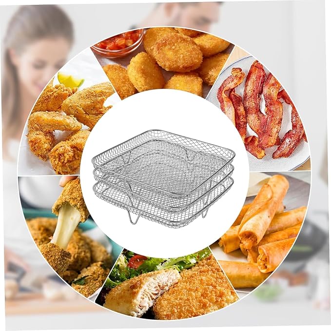 3 layer Square Air Fryer Rack, Stainless Steel Dehydrator, Air Stainless Steel Dehydrator Grill Enhanced Airflow Design Air Fryer Rack for Chicken Wings Vegetables Dual Cakes (Square Set)