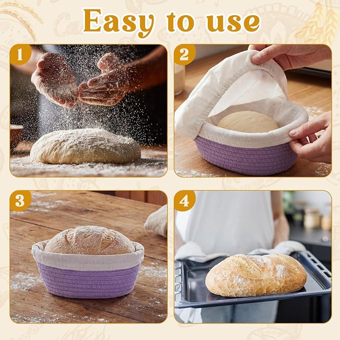 4 Pcs 6.7 Inch Bread Proofing Basket Set Cotton Rope Oval Banneton Basket Sourdough Bread with Liners Covers for Baking Supplies (Fresh Color)