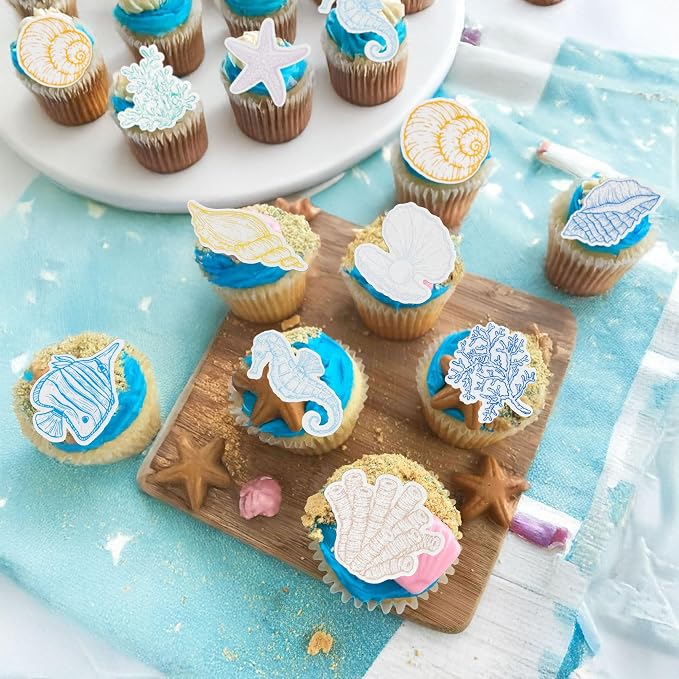 Gyufise 60Pcs Edible Seashell Cupcake Toppers Beach Sea Shell Party Decorations Edible Starfish Conch Coral SeaShell Cupcake Picks for Coastal Beach Baby Shower Birthday Party Supplies