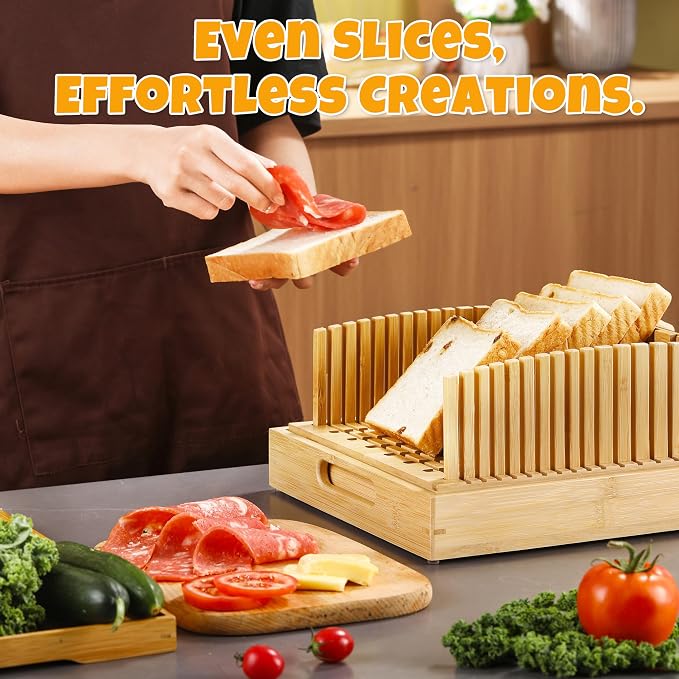 Bread Slicer for Homemade & Sourdough Loaves – 10.5″ Adjustable Bamboo Bread Cutter, Upgraded Scratch-Free Surface, Perfect for Artisan & Homemade Bread