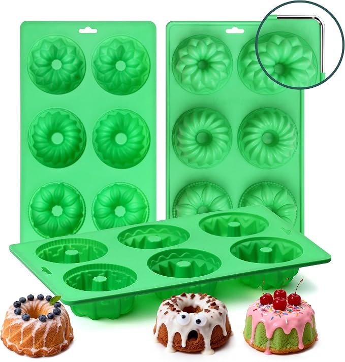 3PCS Mini Fluted Tube Cake Pan - 6-Cavity Silicone Baking Mold with Metal Reinforced Frame, Non-Stick Mini Cake Pan for Cupcakes/Donuts/Brownies/Jellies, Gift for Bakers & Home Kitchen