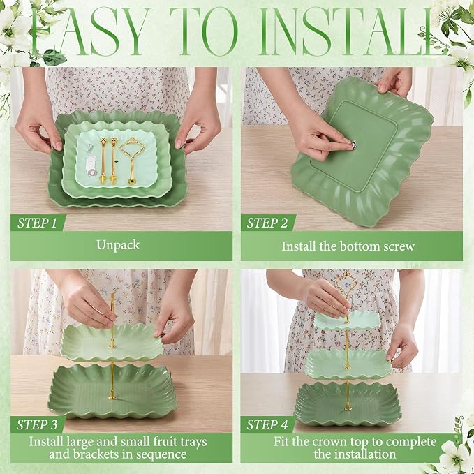 FoldTier 6 Pack Cupcake Stand Set 3 Pcs 3 Tier Gradient Dessert Table Display Stands Cookie Tray Rack 3 X14 in Rectangle Party Trays for Wedding Birthday Tea Party Baby Shower(Green,Rectangle)