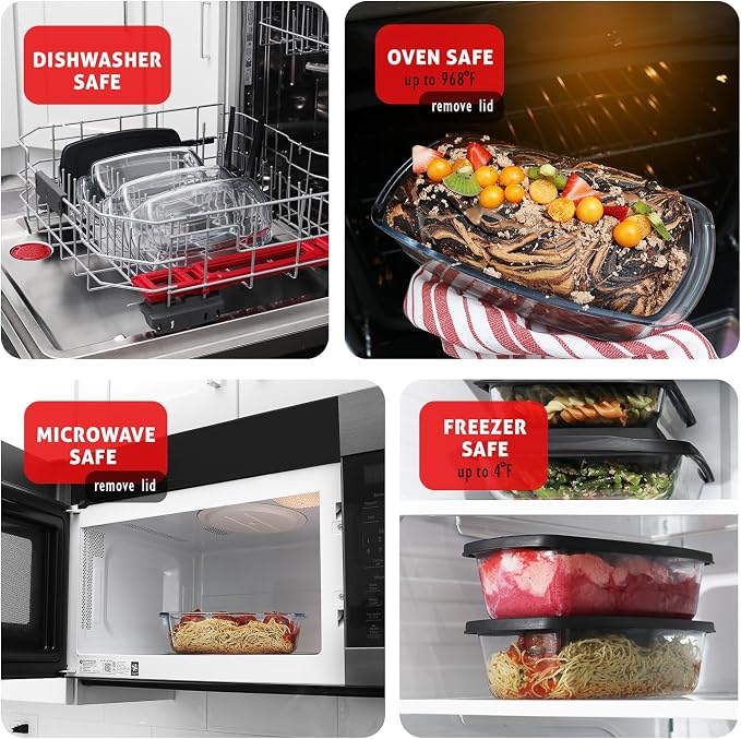 EATEX Glass Bread Pans for Homemade Bread Baking, 1.9 Quart Deep Rectangular Glass Food Storage Containers with Lids, 3 Bread Loaf Pans 3 Airtight Lids Black Microwave Oven & Freezer Safe