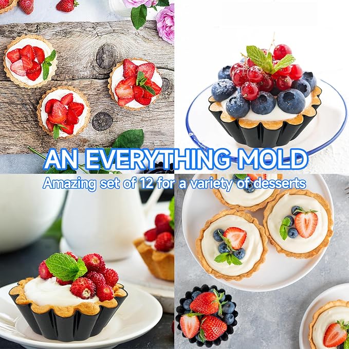 12PCS Egg Tart Molds, 3-Inch Non Stick Mini Tart Pans with Silicone Basting Pastry Brush, Fluted Mini Pie Pans for Baking