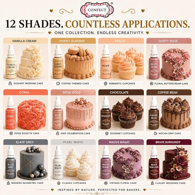 Confect Skin & Nude Gel Food Coloring Set – 12 Highly Pigmented Colors for Buttercream, Cakes, Cookies, Macarons & Baking – 10mL Bottles