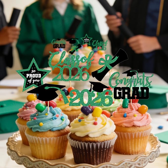 48 PCS Grad Cupcake Toppers, Glittery Congrats Graduation Cake Topper, 6 Styles Graduation Decorations, Black and Green Cap and Diploma Cake Picks for Class of 2026 Grad Party Decorations Supplies