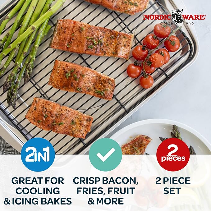 Nordic Ware Oven Crisp Baking Tray 2pc Set Includes Pan and Rack; Natural Aluminum For Air Frying,Crisping,Broiling,Baking; Cooking Surface 17 x 12 Inches,(Pack of 3)