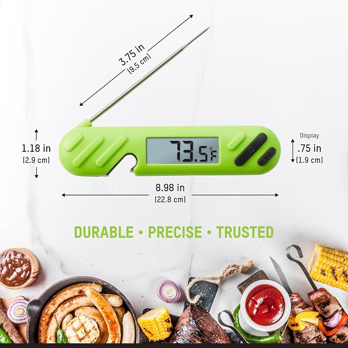 Taylor TruTemp Digital Instant Read Thermometer Meat Probe for BBQ Kitchen with Built in Bottle Opener, Reliable Folding Probe Easy Read LCD Grilling Cooking Tool, Green