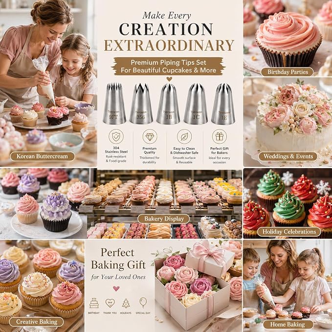 5 Pack Extra Large Piping Nozzles, 9FT 1B 1C 1E 356# Seamless Stainless Steel Piping Icing Tips for Cupcake