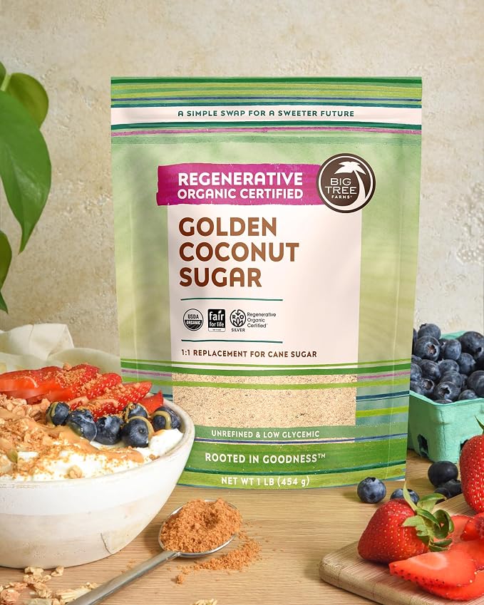 Big Tree Farms Organic Golden Coconut Sugar - Coconut Palm Sugar, Unrefined, Fine Crystals, Cane Sugar Replacement, Coconut Blossom Nectar, Vegan, Perfect for Baking - 16 Oz (Pack of 2)
