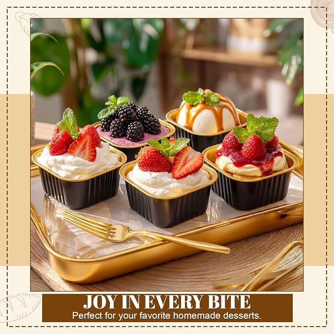 300 Pack 5 oz Black Gold Mini Cake Pans with Lid, Aluminum Foil Mini Baking Tins, Square Disposable Cupcake Baking Cup Dessert Container for Wedding Birthday Party Favors Picnic Supplies