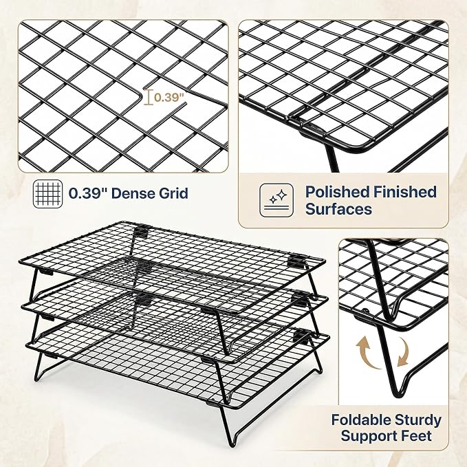3-Tier Stackable Cooling Rack for Cooking and Baking, 17" x 11" Large Black Wire Cooling Rack, Foldable & Heavy Duty Cookie Cooling Rack, Oven Safe Baking Rack