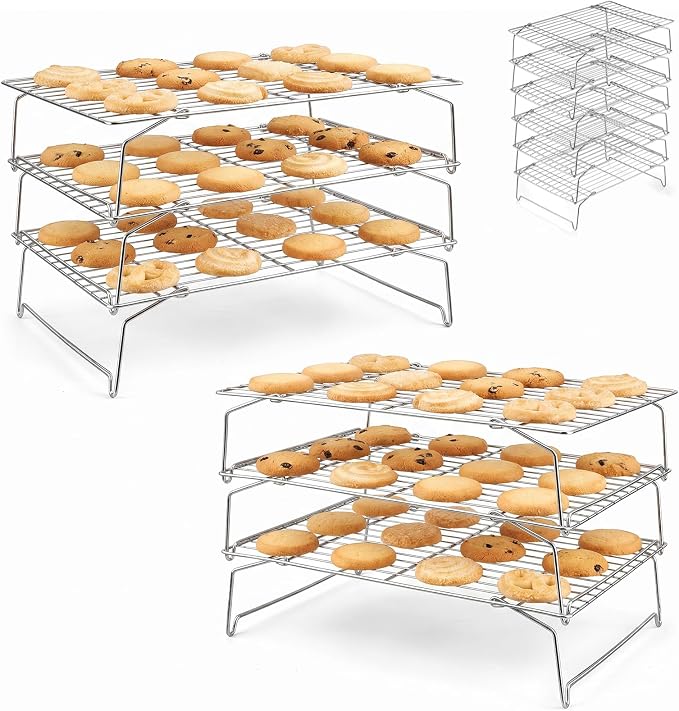 LIANYU Cooling Rack 15"x10", 6-Tier Stackable & Collapsible Stainless Steel Baking Wire Racks for Cooking, Baking, Roasting, Drying, Oven & Dishwasher Safe, Silver